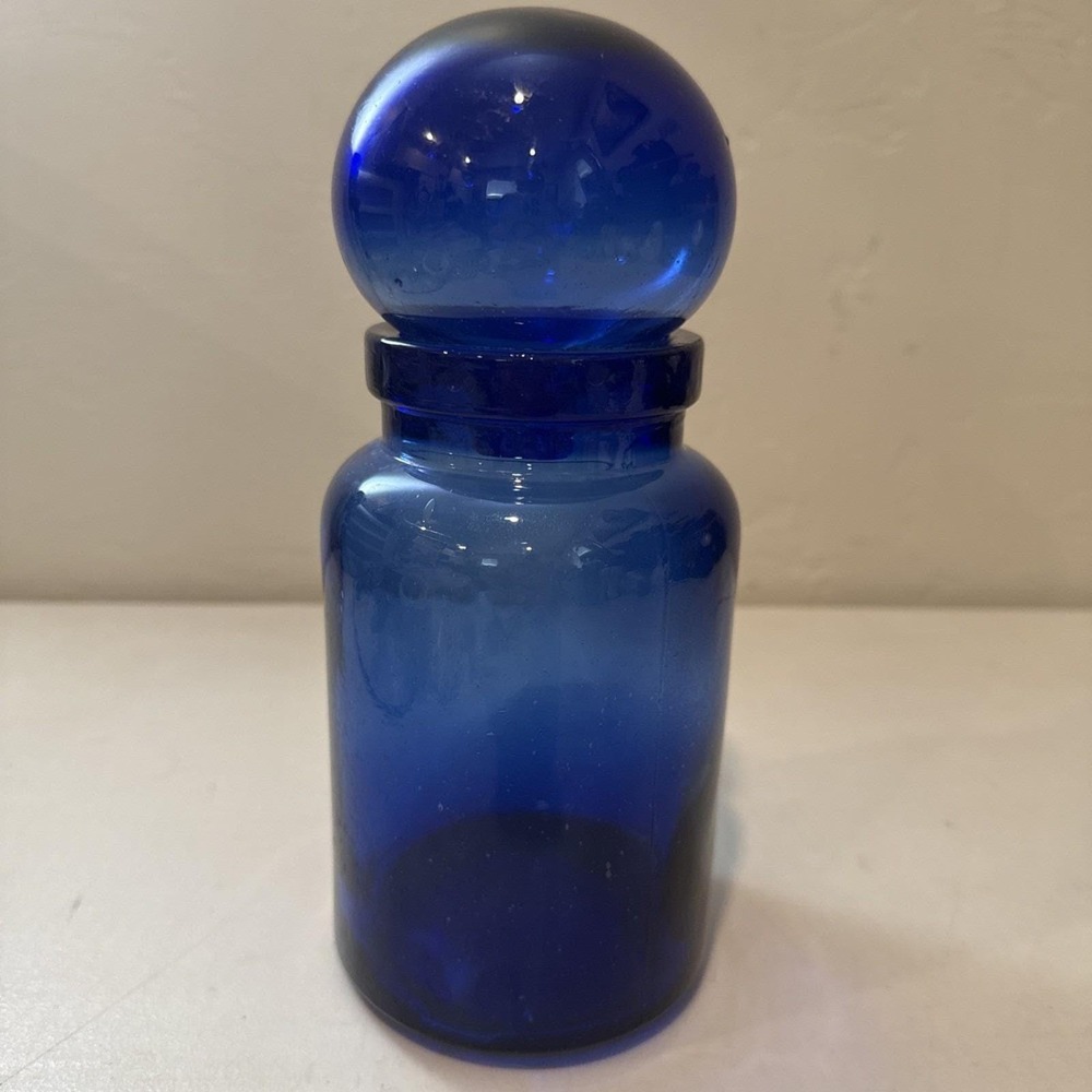 Vintage Cobalt Blue Glass Apothecary Jar with Globe Bubble Lid 1970s